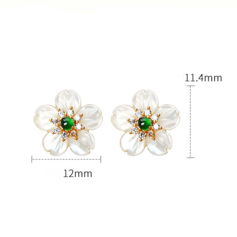 925 Sterling Silver Tridacna Stone Jade Flower Blessing Earrings
