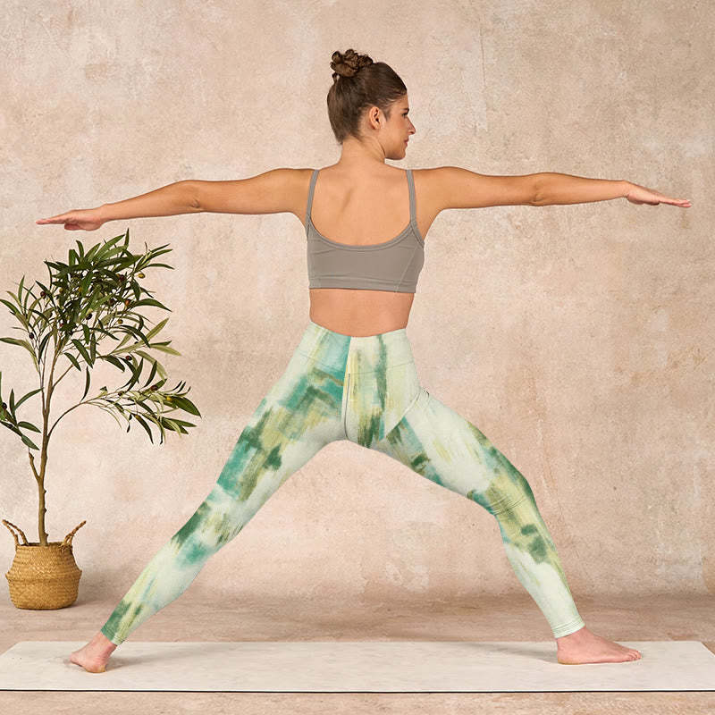 Beige Green Tie Dye Print Exercise Leggings Women's Yoga Pants