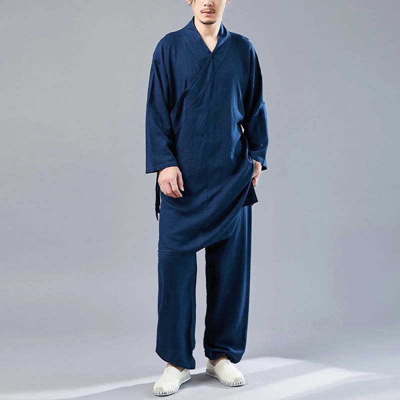 2Pcs V-Neck Men's Long Sleeve Shirt Top Pants Meditation Zen Tai Chi Cotton Linen Clothing Set