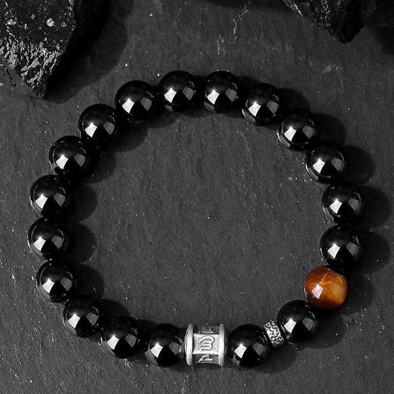 999 Sterling Silver Black Obsidian Tiger Eye Om Mani Padme Hum Fulfillment Bracelet