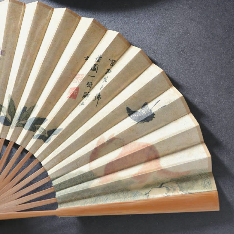 Butterfly Cat Flower Handheld Cotton Linen Fabric Bamboo Folding Fan