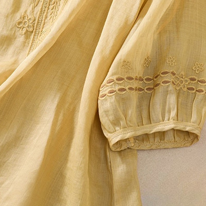 Artistic Plain Floral Embroidered Design Crew Neck Puff Half Sleeve Cotton Linen Women's T-Shirt