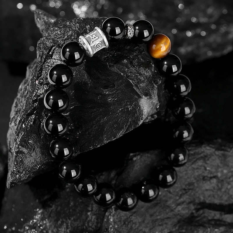 999 Sterling Silver Black Obsidian Tiger Eye Om Mani Padme Hum Fulfillment Bracelet
