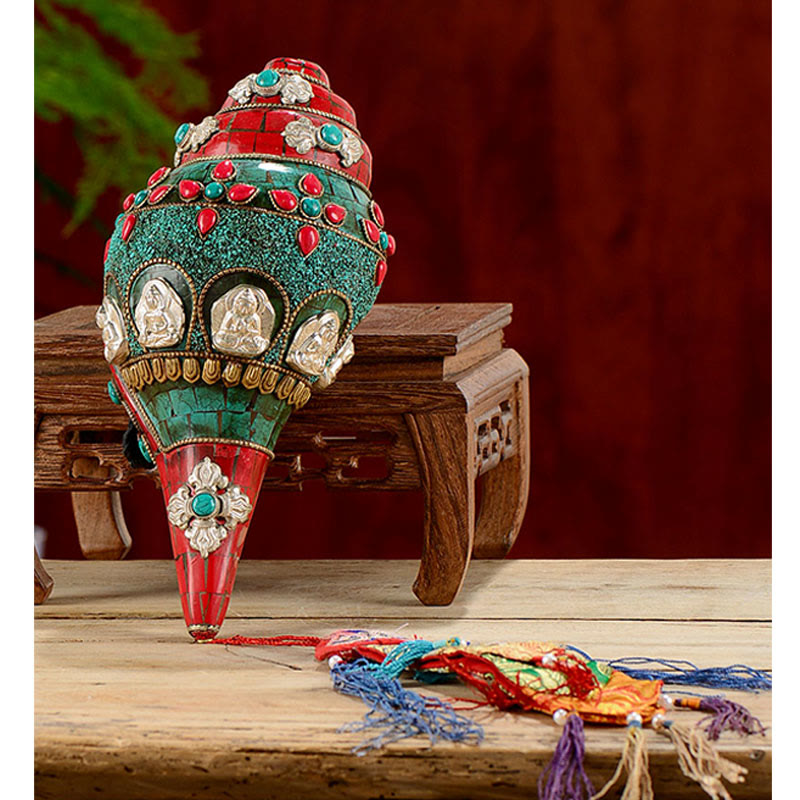 Tibetan Handmade Shankha Om Mani Padme Hum mystic zen Avalokitesvara Turquoise Conch Shell Positive Decoration