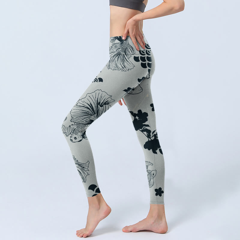 Gray Koi Fish Floral Waves Print Gym Leggings Women's Yoga Pants