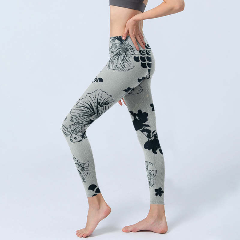 Gray Koi Fish Floral Waves Print Gym Leggings Women's Yoga Pants