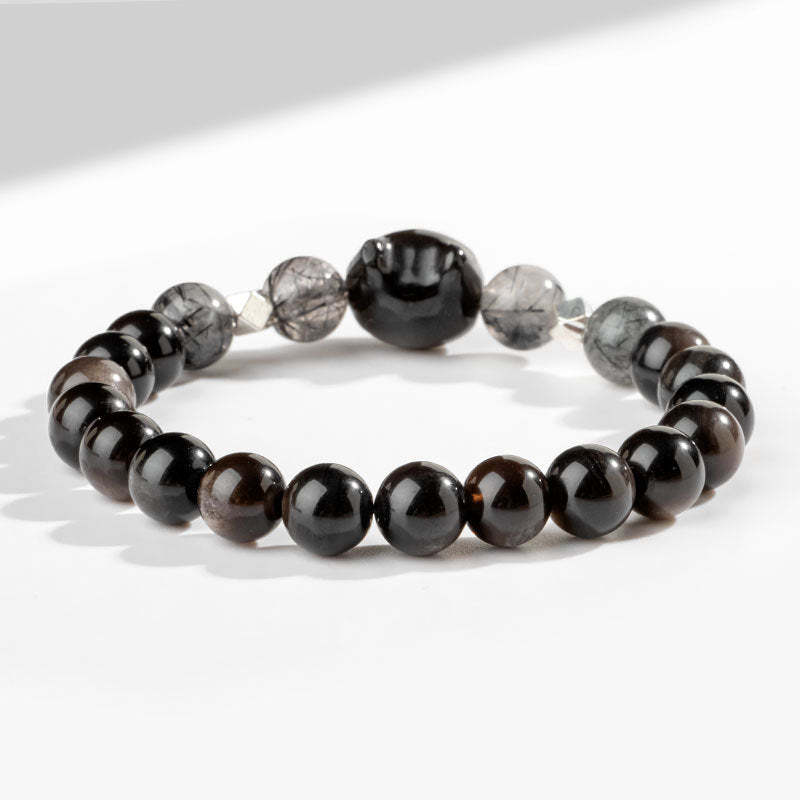 Natural Silver Sheen Obsidian Cute Cat Head Protection Bracelet