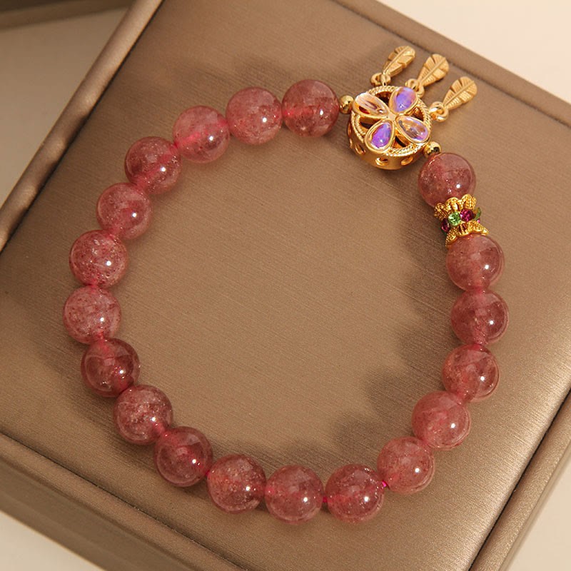 Natural Strawberry Quartz Four Leaf Clover Dreamcatcher Charm Love Bracelet