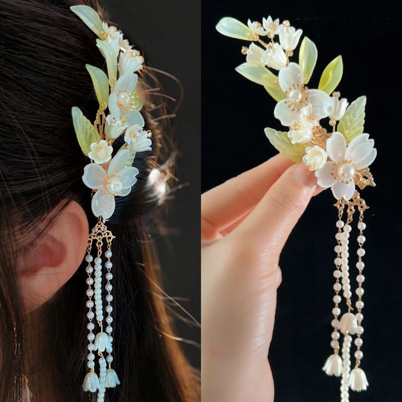 Chinese Ancient Style Flower Pearl Rabbit Tassel Hair Clip