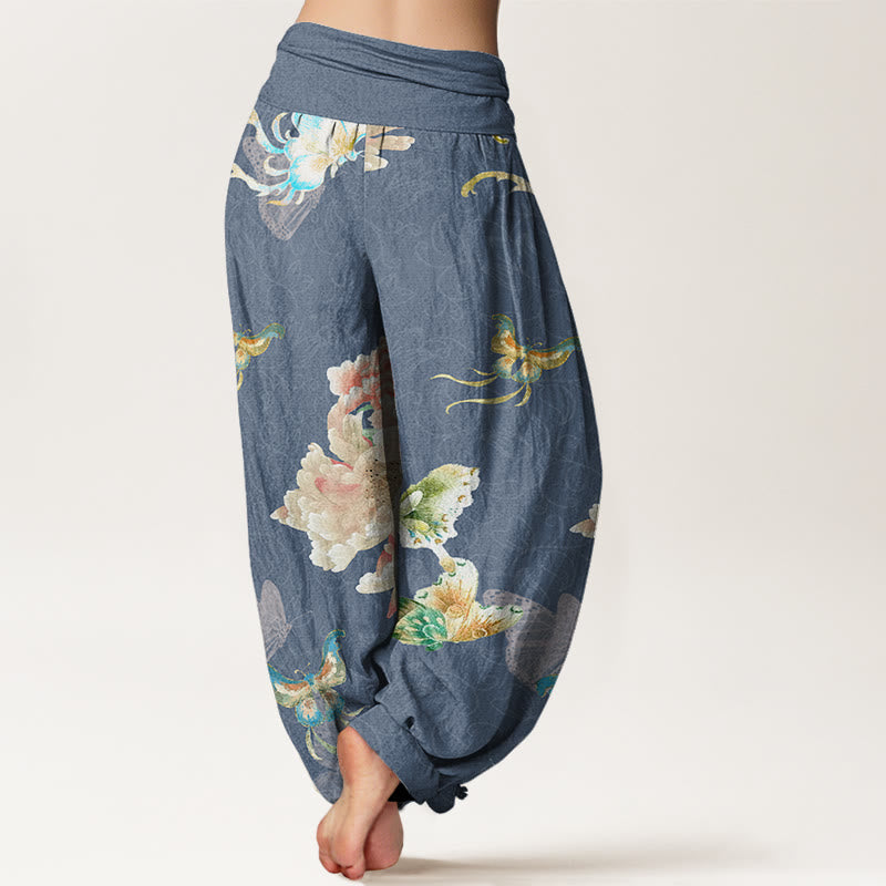 Chrysanthemums Butterflies Pattern Women's Elastic Waist Harem Pants