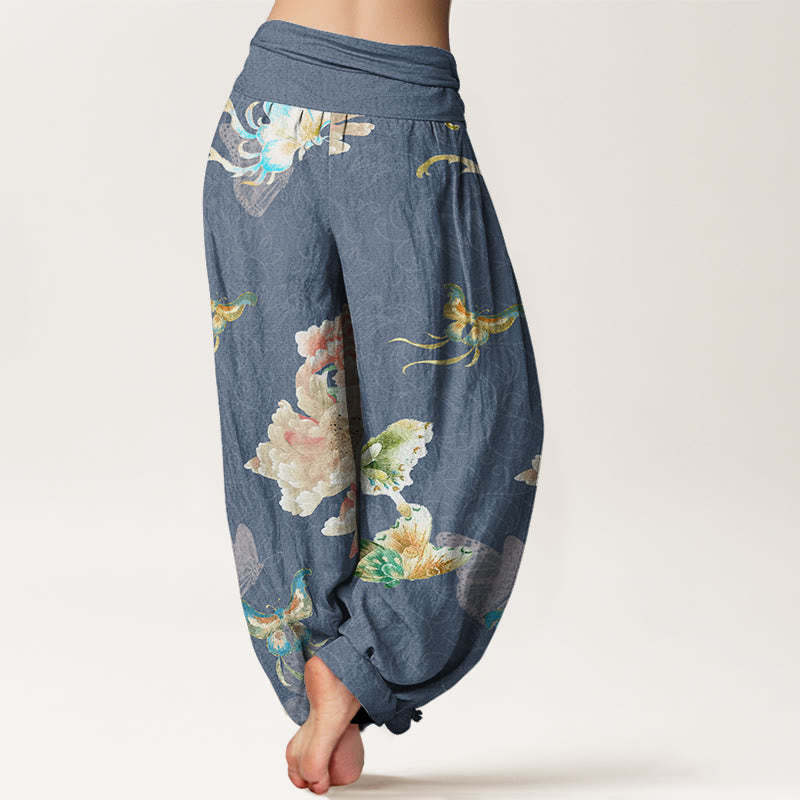 Chrysanthemums Butterflies Pattern Women's Elastic Waist Harem Pants