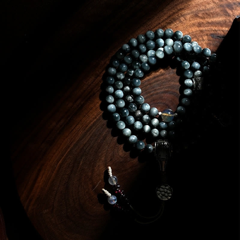 925 Sterling Silver 108 Mala Beads Eagle's Eye Stone Moonstone Positive Bracelet