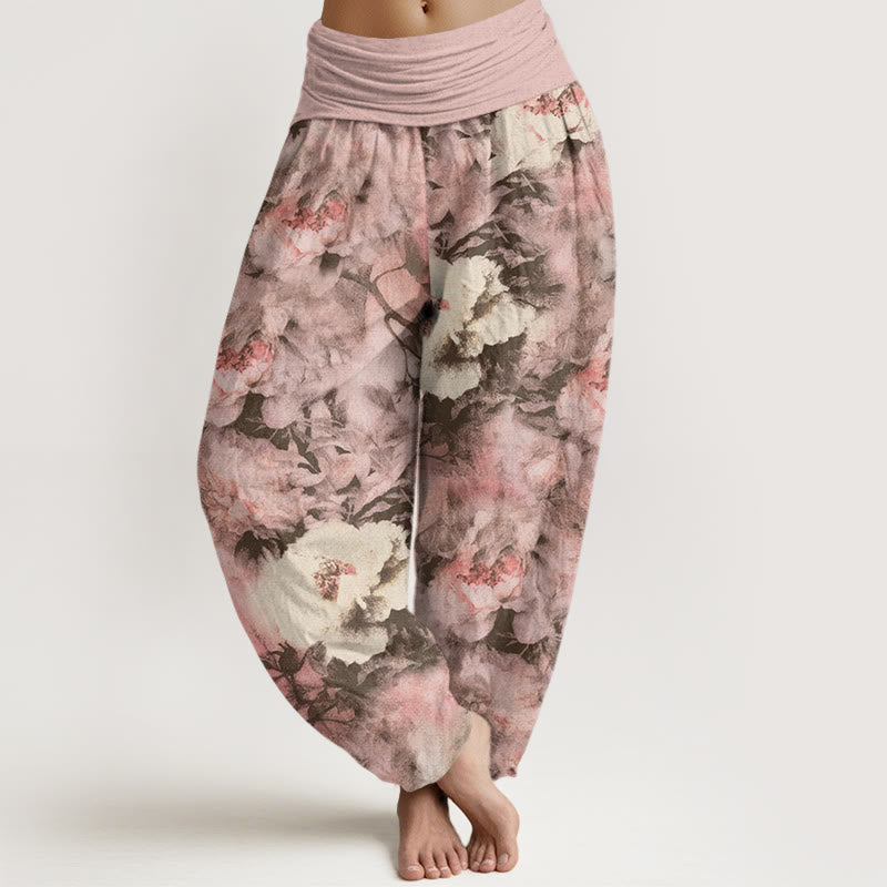 Casual Elegant Peony Flowers Women's Elastic Waist Harem Pants