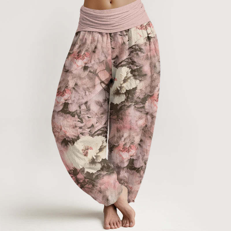 Casual Elegant Peony Flowers Women's Elastic Waist Harem Pants