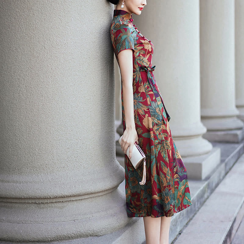 Silk Qipao Dress Retro Flower Leaf Pattern Women's Cheongsam Dress