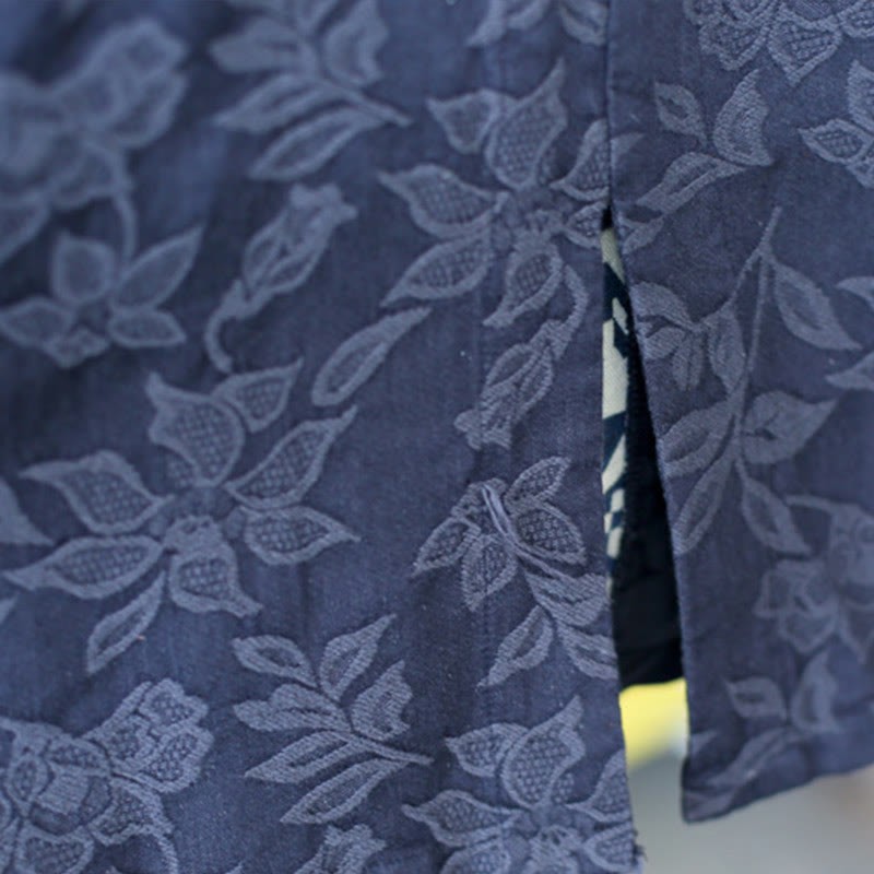 Blue Flowers Embroidery Jacquard Midi Dress Three Quarter Sleeve Cotton Dress With Pockets