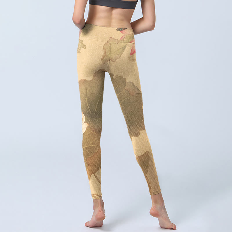 Lotus Flowers Leaves Print Gym Leggings Women's Yoga Pants