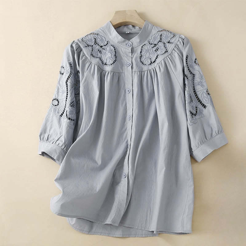 Casual Embroidery Flower Hole Design Three Quarter Sleeve Cotton Linen Women's Shirt