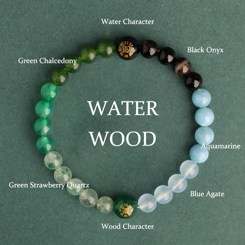 Five Elements Various Agate Crystal Black Onyx Green Chalcedony Aquamarine Wisdom Bracelet
