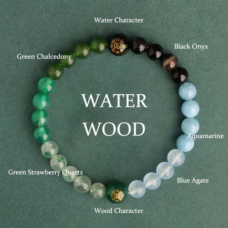 Five Elements Various Agate Crystal Black Onyx Green Chalcedony Aquamarine Wisdom Bracelet
