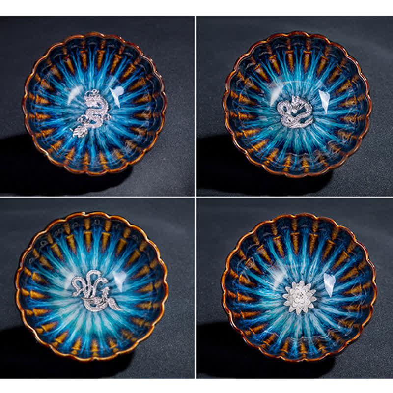 Lotus Goldfish Auspicious Dragon Phoenix Ceramic Teacup Inlaid Tea Cups 130ml
