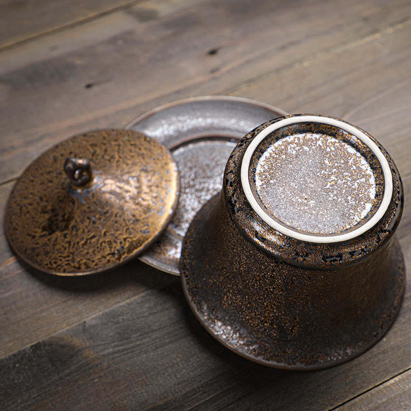 Retro Rust Glaze Ceramic Gaiwan Sancai Teacup Kung Fu Tea Cup And Saucer With Lid