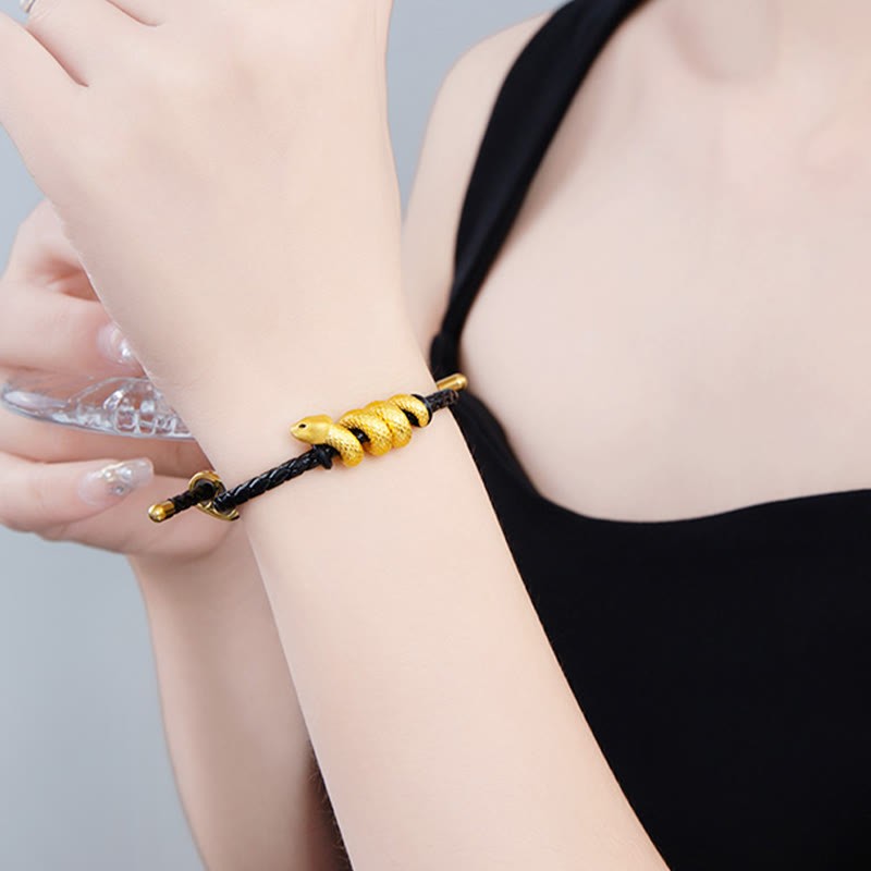 999 Gold Snake Double Buckle Leather Cord Black Rope Year Of The Snake Protection Bracelet
