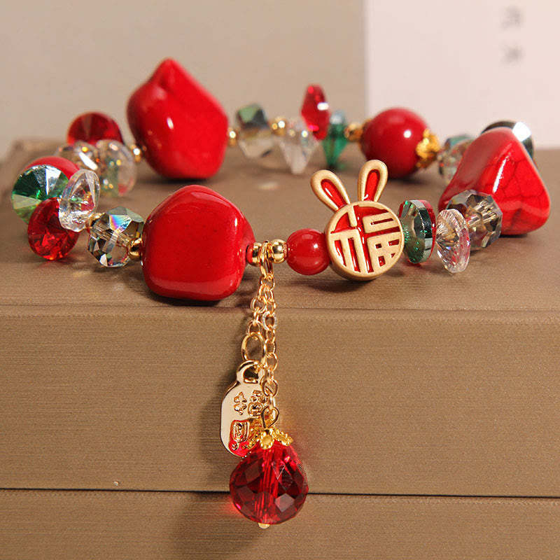Red Stone Lucky Cat Rabbit Fu Character Fortune Bracelet