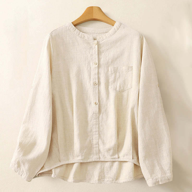 Casual Women's Loose Standing Collar Long Sleeve Design Plain Cotton Linen Shirt