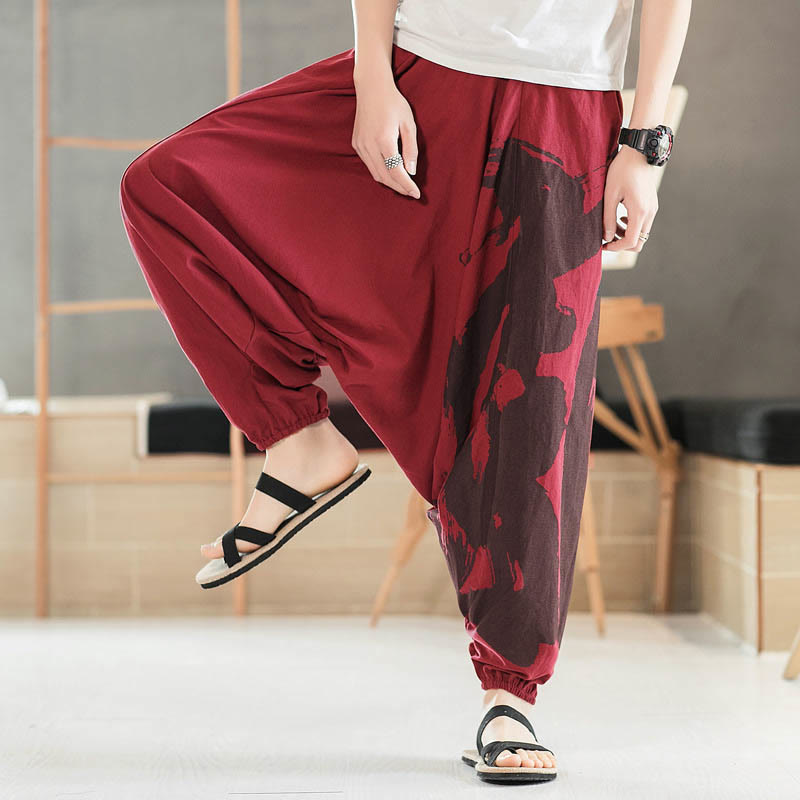 Simple Summer Calligraphy Cotton Men's Harem Pants With Pockets