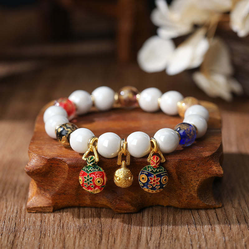 Gold Swallowing Beast Family Charm Liuli Glass Colorful Porcelain Bead Luck Bracelet