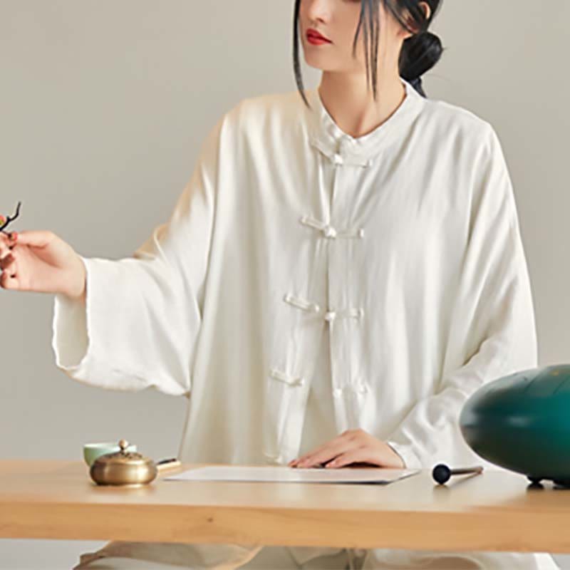 Plain Frog-Button Design Shirt Zen Tai Chi Meditation Top Clothing Cotton Linen Jacket