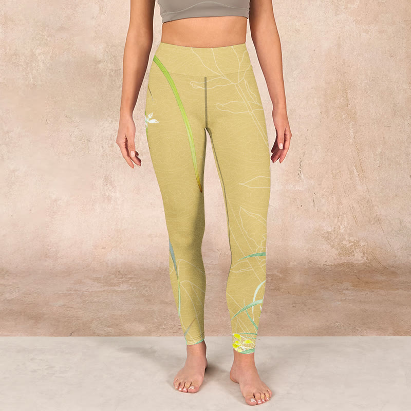 Yellow Orchid Flowers Weeping Leaves Print Gym Leggings Women's Yoga Pants