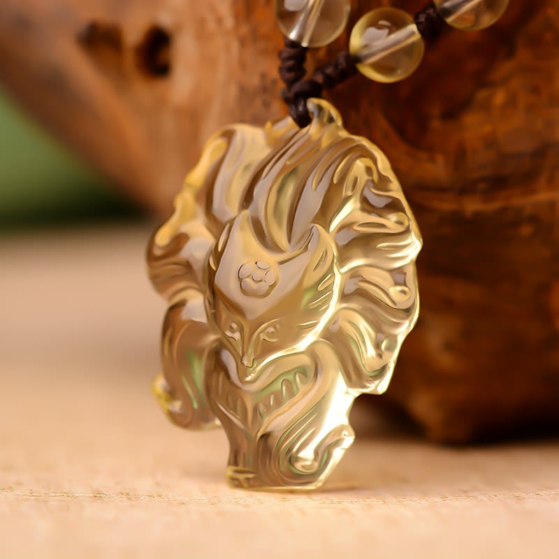 Natural Amethyst White Crystal Citrine Nine Tailed Fox Luck Necklace Pendant