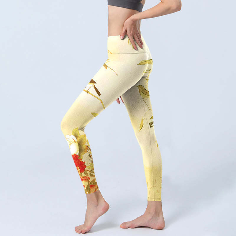 Light Yellow Peony Flowers Birds Print Sports Leggings Women's Yoga Pants