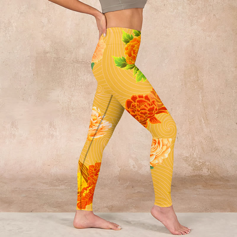 Vibrant Rose Flowers Print Gym Leggings Women's Yoga Pants