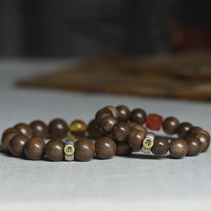 Chinese Zodiac Natal mystic zen Kalimantan Agarwood Red Agate Amber 925 Sterling Silver Bracelet
