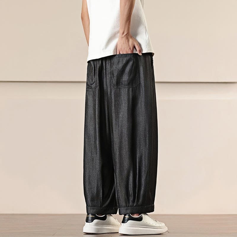 Spring Solid Color Cotton Drawstring Men's Wide Leg Pants With Pockets