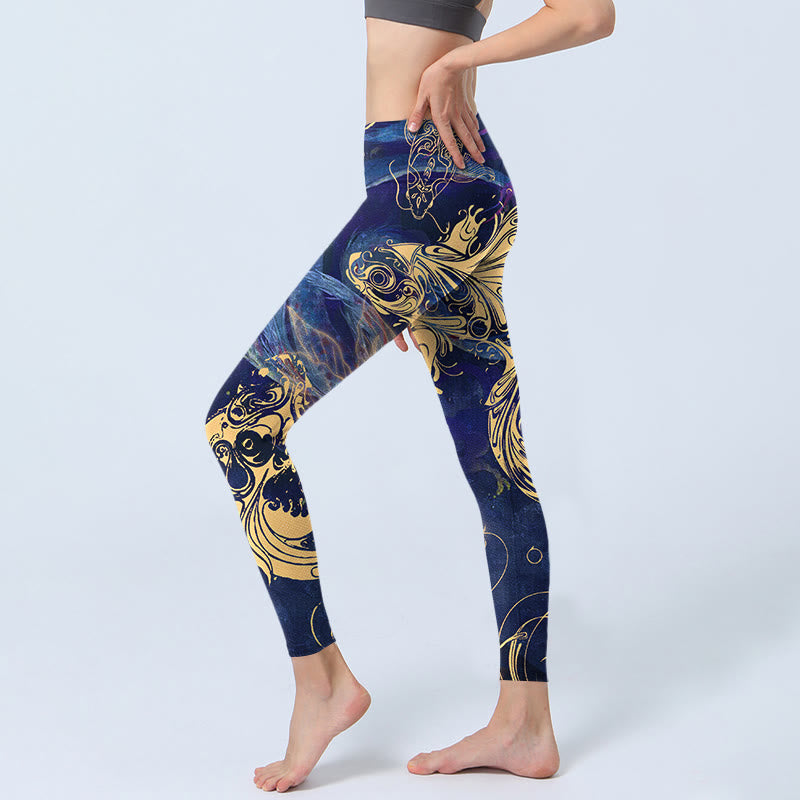 Blue Koi Fish Auspicious Clouds Print Gym Leggings Women's Yoga Pants
