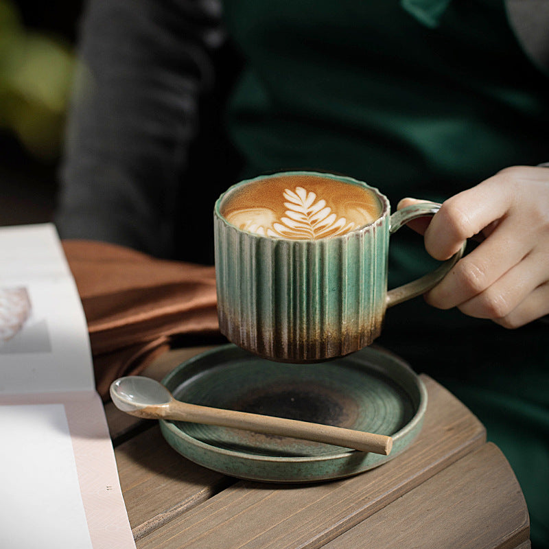 Retro Striped Kiln Change Ceramic Coffee Mug Rough Pottery Tea Coffee Cup With Saucer 250ml