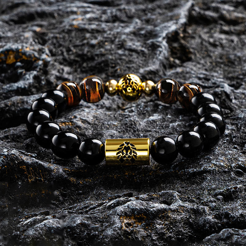 Black Onyx Tiger Eye Bead Lion Engraved Protection Bracelet