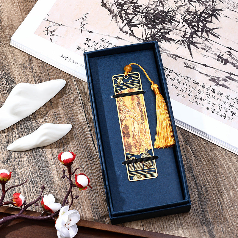 A Panorama of Rivers and Mountains Metal Hollow Bookmarks Tassel With Gift Box
