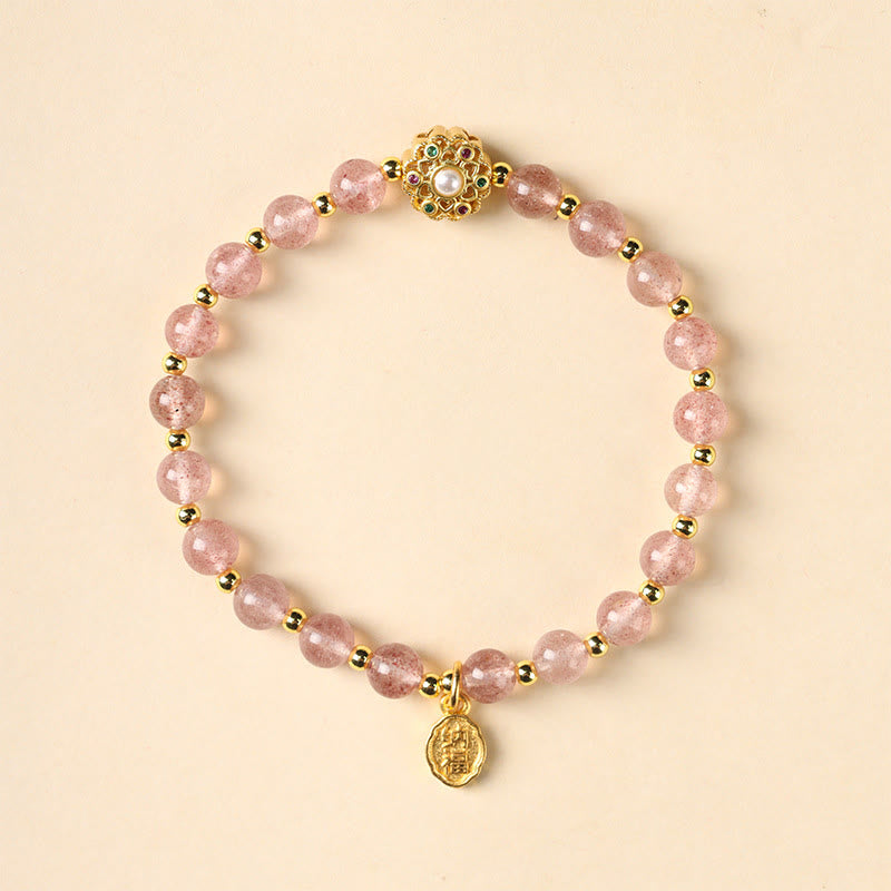 14K Gold Plated Natural Strawberry Quartz Labradorite Sun Stone Fu Character Positive Charm Bracelet