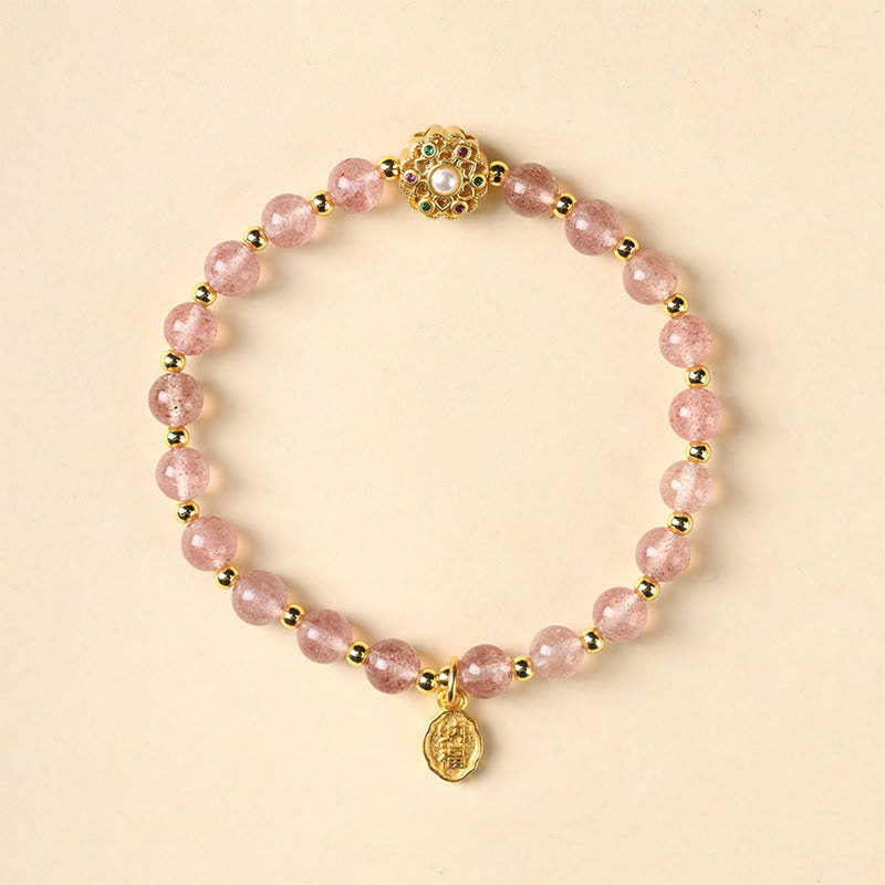 14K Gold Plated Natural Strawberry Quartz Labradorite Sun Stone Fu Character Positive Charm Bracelet