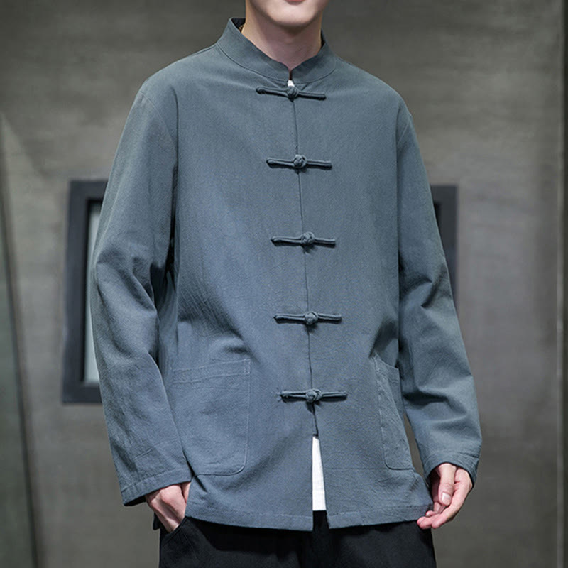 Solid Color Frog-button Tang Suit Cotton Linen Men's Jacket Shirt With Pockets