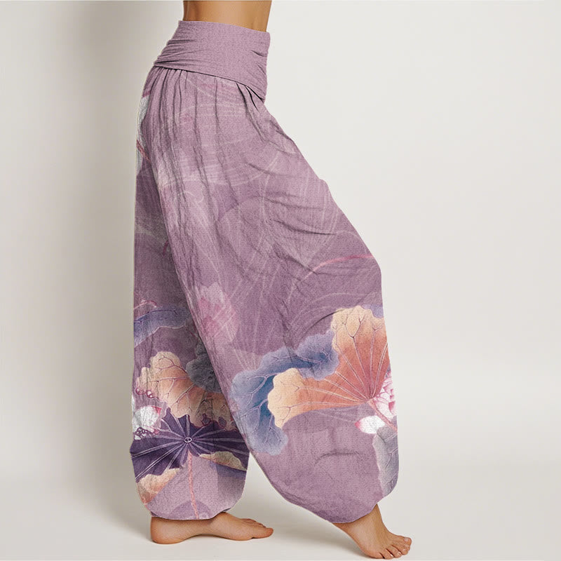 Lotus Flowers Leaves Pattern Women's Elastic Waist Harem Pants