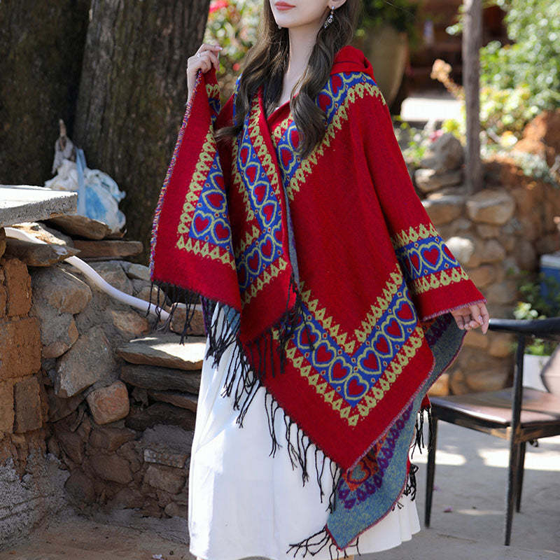 Tibetan Shawl Red Love Heart Tassel Hooded Cloak Winter Cozy Travel Scarf Wrap
