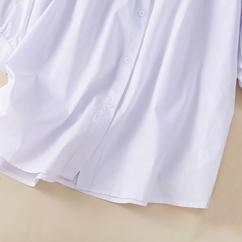 Casual Embroidery Flower Hole Design Three Quarter Sleeve Cotton Linen Women's Shirt