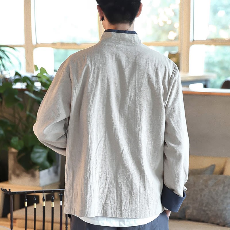 Fall Colorblock Long Sleeve Shirt Linen Lace-up Men Clothing