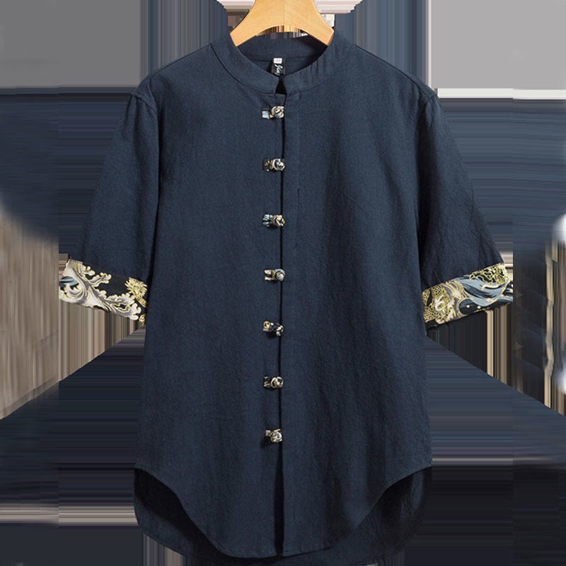 Men's Frog-Button Colorblock Dragon Waves Half Sleeve Shirt